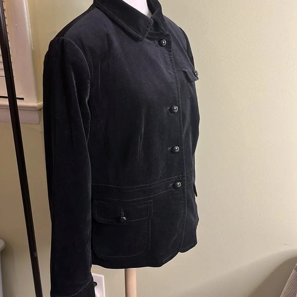 Talbots Velvet Black Ruffle Accent back Long Sleeve bubble buttons Blazer Jacket - Picture 3 of 17